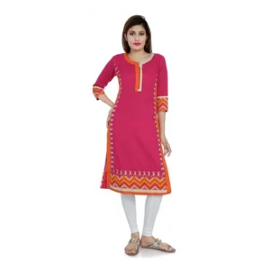 Women's Cotton Embroidered Straight Kurti (Pink, Cotton)