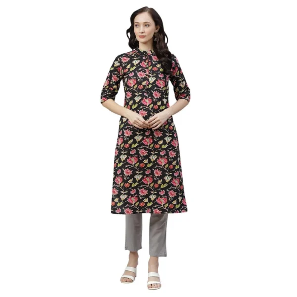 Women's Cotton Printed Straight Kurti (Black, Cotton)