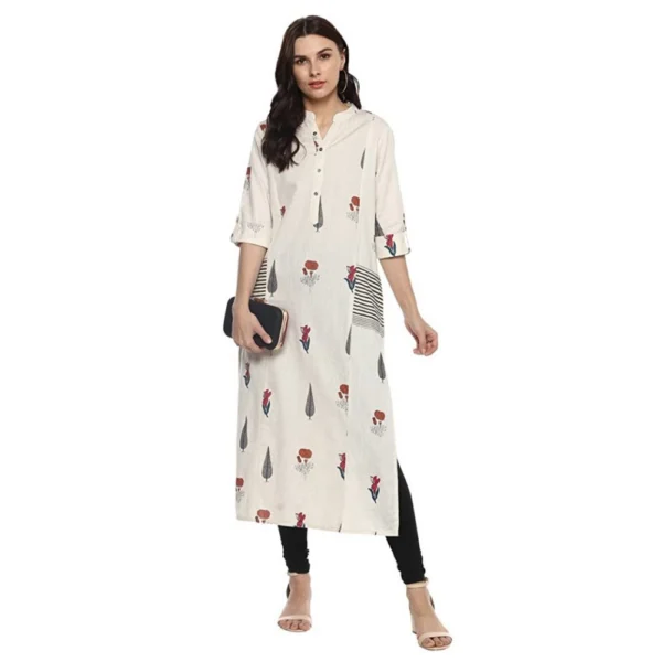 Women's Khadi Printed A Line Kurti (Off White, Khadi)