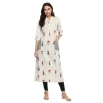 Women's Khadi Printed A Line Kurti (Off White, Khadi)