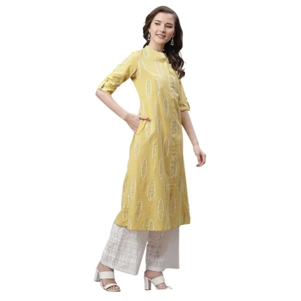 Women's Pure Cotton Printed A Line Kurti (Yellow, Pure Cotton)