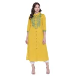 Women's Khadi Embroidered Kurti (Yellow, Khadi)