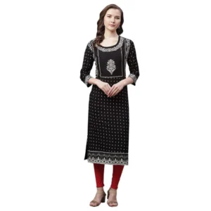 Women's Rayon Printed Straight Kurti (Black, Rayon)