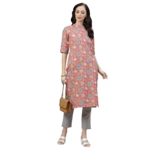 Women's Cotton Printed Straight Kurti (Pink, Cotton)