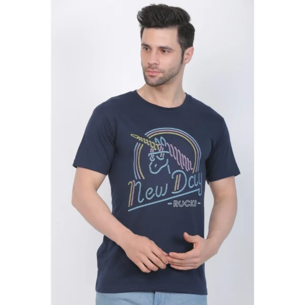 Men's Cotton Jersey Round Neck Printed Tshirt (Navy)