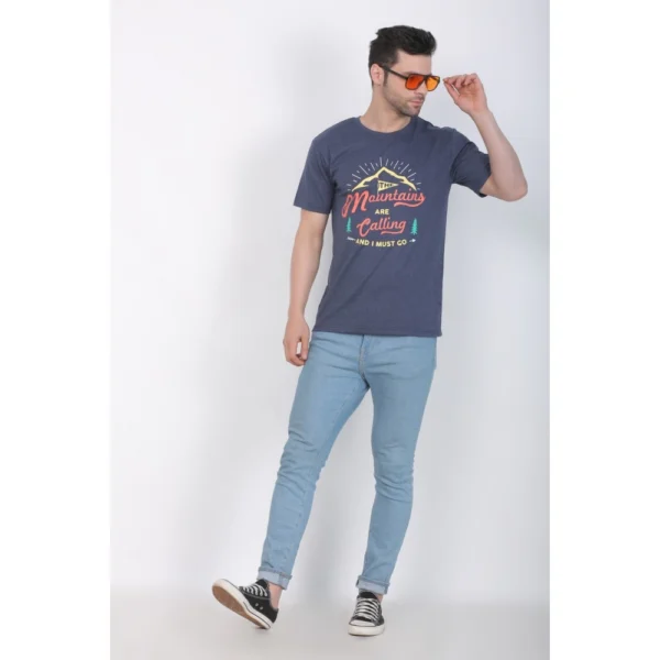 Men's Cotton Jersey Round Neck Printed Tshirt (Blue Melange)