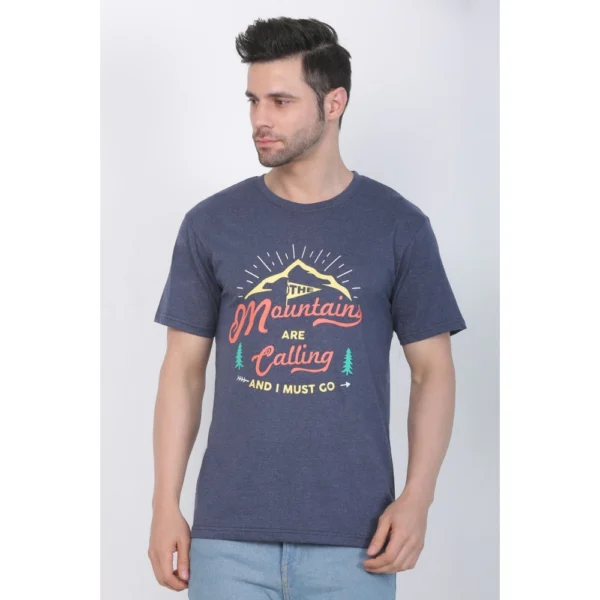 Men's Cotton Jersey Round Neck Printed Tshirt (Blue Melange)