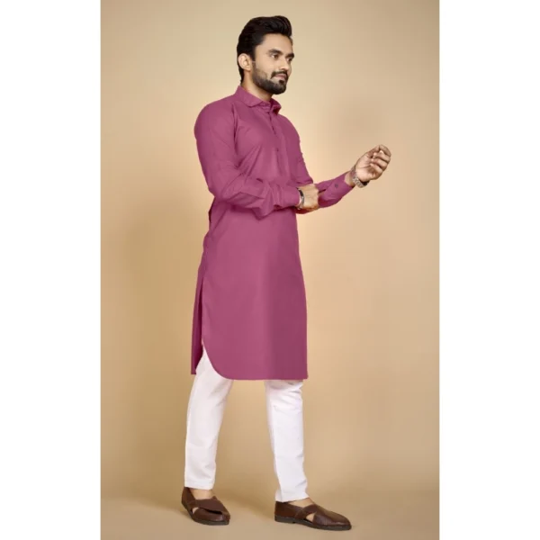 Men's Cotton Blend Solid Full Sleeve Knee Length Kurta (Pink)