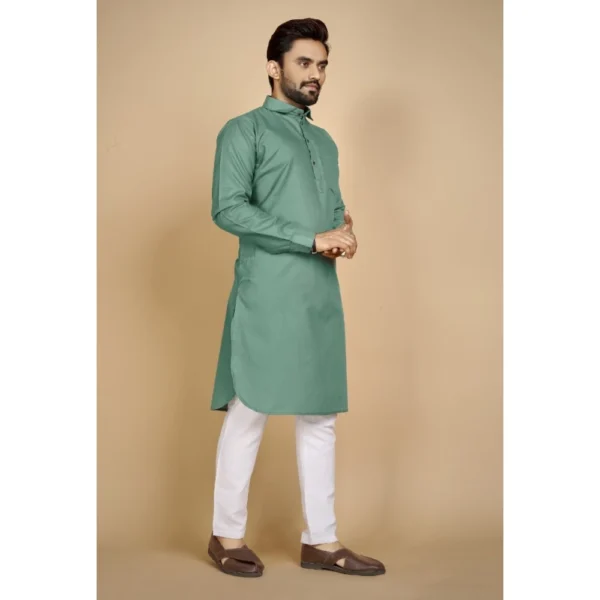 Men's Cotton Blend Solid Full Sleeve Knee Length Kurta (Green)