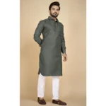 Men's Cotton Blend Solid Full Sleeve Knee Length Kurta (Dark Green)