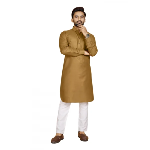 Men's Cotton Blend Solid Full Sleeve Knee Length Kurta (Brown)