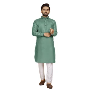 Men's Cotton Blend Solid Full Sleeve Knee Length Kurta (Green)