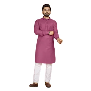 Men's Cotton Blend Solid Full Sleeve Knee Length Kurta (Pink)