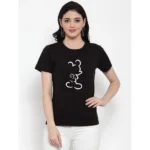 Women's Cotton Blend Mickey Mouse Line Art Printed T-Shirt (Black)