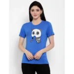 Women's Cotton Blend Panda Bites Printed T-Shirt (Blue)