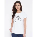 Women's Cotton Blend Heart Hands Line Art Printed T-Shirt (White)