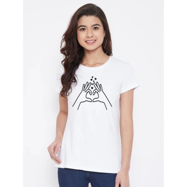 Women's Cotton Blend Heart Hands Line Art Printed T-Shirt (White)