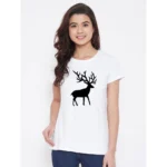 Women's Cotton Blend Deer Printed T-Shirt (White)