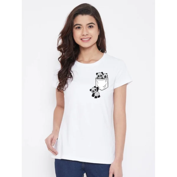 Women's Cotton Blend Pandas In My Pocket Printed T-Shirt (White)