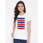 Women's Cotton Blend Purple And Red Lines Printed T-Shirt (White)