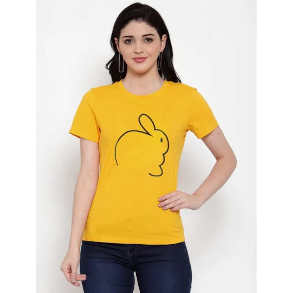 Women's Cotton Blend Rabbit Line Art Printed T-Shirt (Yellow)