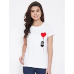 Women's Cotton Blend Panda With Heart Balloon Printed T-Shirt (White)