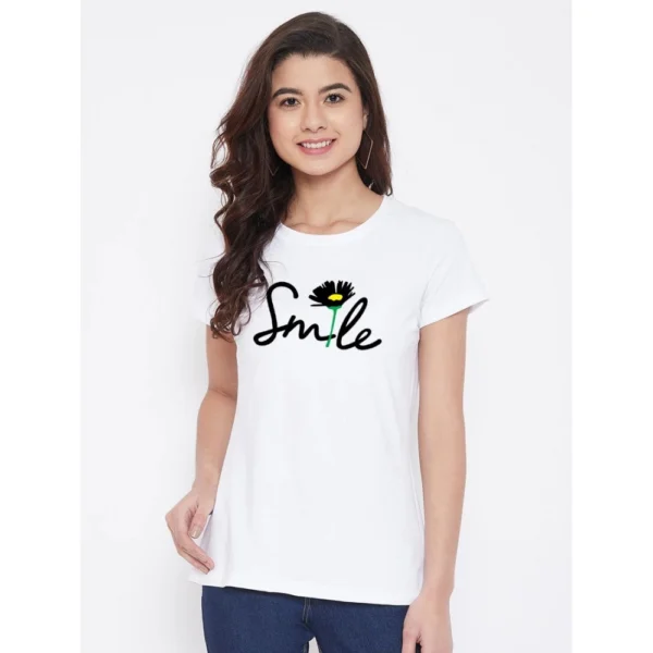 Women's Cotton Blend Smile With Flower Printed T-Shirt (White)