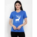 Women's Cotton Blend Deer Printed T-Shirt (Blue)