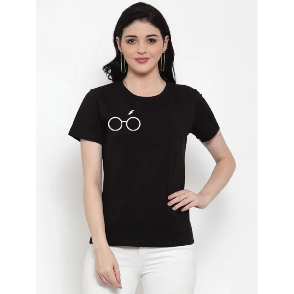 Women's Cotton Blend Right Corner Black Eye Glasses Line Art Printed T-Shirt (Black)