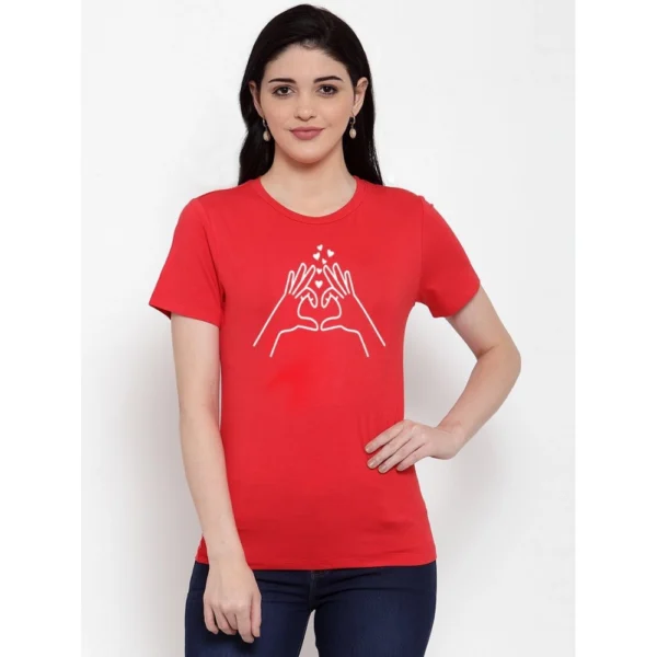 Women's Cotton Blend Heart Hands Line Art Printed T-Shirt (Red)