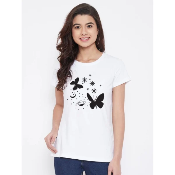 Women's Cotton Blend Butterfly With Star Printed T-Shirt (White)