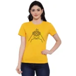 Women's Cotton Blend Heart Hands Line Art Printed T-Shirt (Yellow)