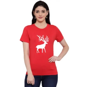 Women's Cotton Blend Deer Printed T-Shirt (Red)