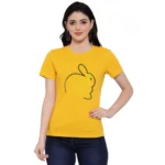 Women's Cotton Blend Rabbit Line Art Printed T-Shirt (Yellow)