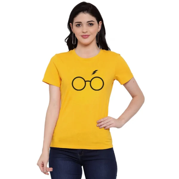 Women's Cotton Blend Centre Black Eye Glasses Line Art Printed T-Shirt (Yellow)