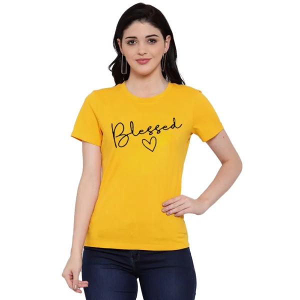 Women's Cotton Blend Blessed Printed T-Shirt (Yellow)