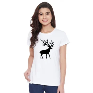 Women's Cotton Blend Deer Printed T-Shirt (White)