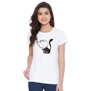 Women's Cotton Blend Cat Printed T-Shirt (White)