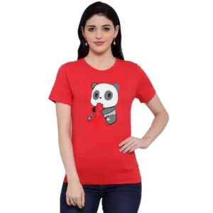 Women's Cotton Blend Panda Bites Printed T-Shirt (Red)