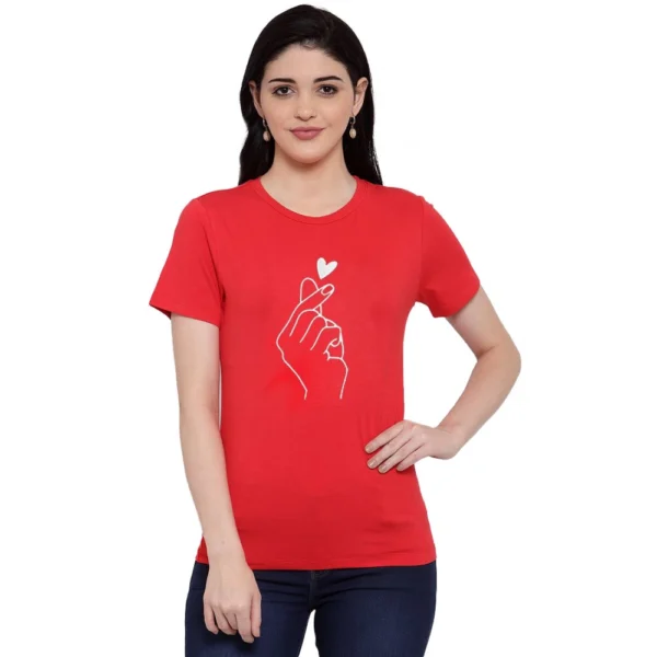 Women's Cotton Blend Hand Heart Line Art Printed T-Shirt (Red)