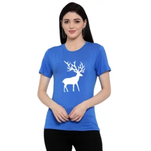 Women's Cotton Blend Deer Printed T-Shirt (Blue)