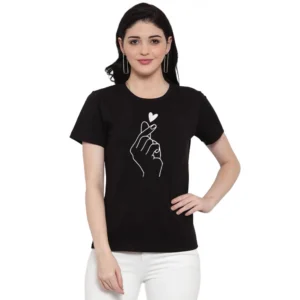 Women's Cotton Blend Hand Heart Line Art Printed T-Shirt (Black)