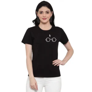 Women's Cotton Blend Left Corner Black Eye Glasses Line Art Printed T-Shirt (Black)