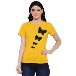 Women's Cotton Blend Butterflies Printed T-Shirt (Yellow)