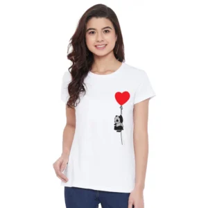 Women's Cotton Blend Panda With Heart Balloon Printed T-Shirt (White)