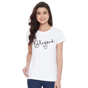 Women's Cotton Blend Blessed Printed T-Shirt (White)