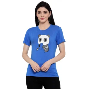 Women's Cotton Blend Panda Bites Printed T-Shirt (Blue)