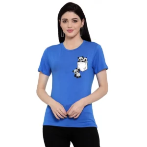 Women's Cotton Blend Pandas In My Pocket Printed T-Shirt (Blue)