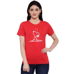 Women's Cotton Blend Snoopy Peanuts Inspired Cartoon Printed T-Shirt (Red)