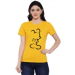 Women's Cotton Blend Mickey Mouse Line Art Printed T-Shirt (Yellow)